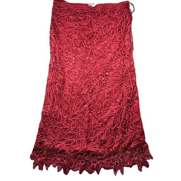 Silken Poetry 100% Silk Midi Skirt Crochet Overlay Romantic Formal RED XL G246 - Picture 1 of 10